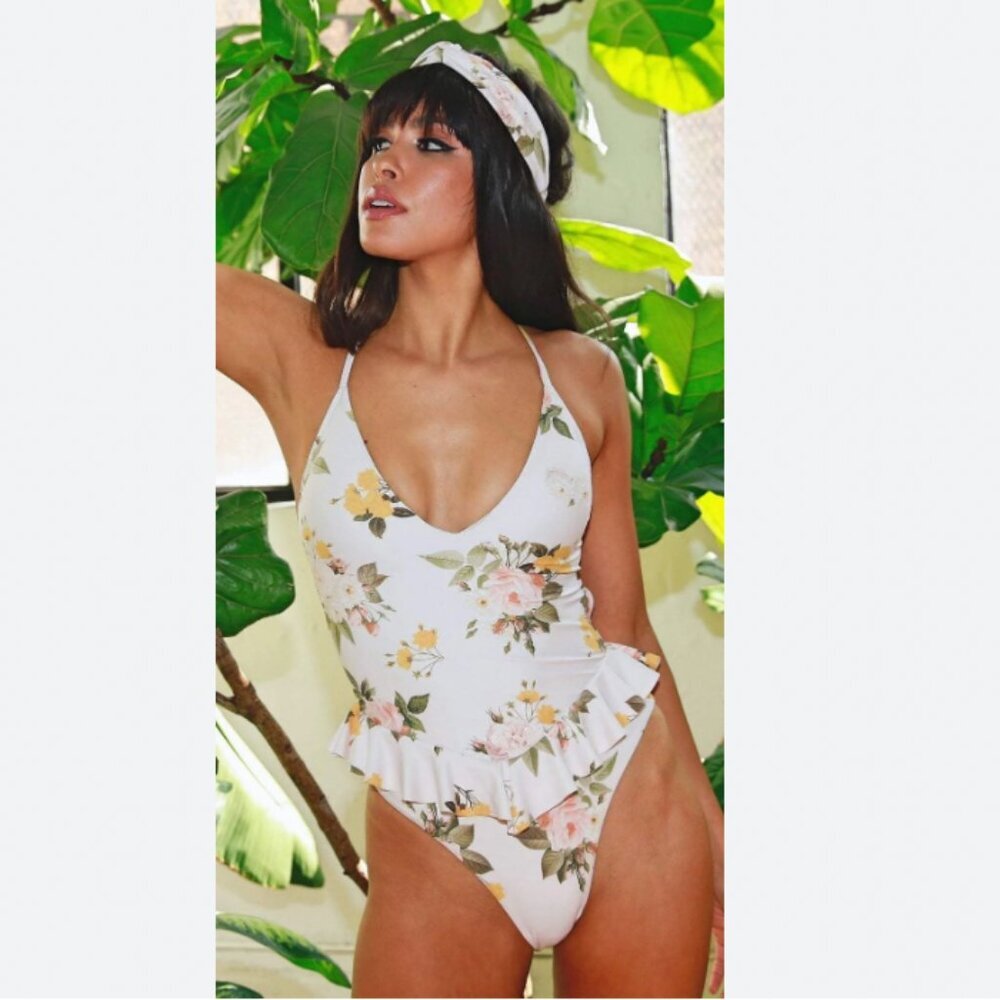 POWER 2 FLOWER THE DITA VINTAGE ROSE FLORAL RUFFLE BACK LACE ONE PIECE SWIMSUIT